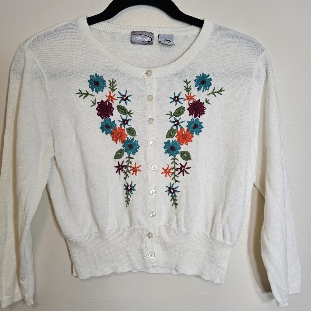 Rave Floral Embroidered Button Front Cardigan Sweater White Women’s Large